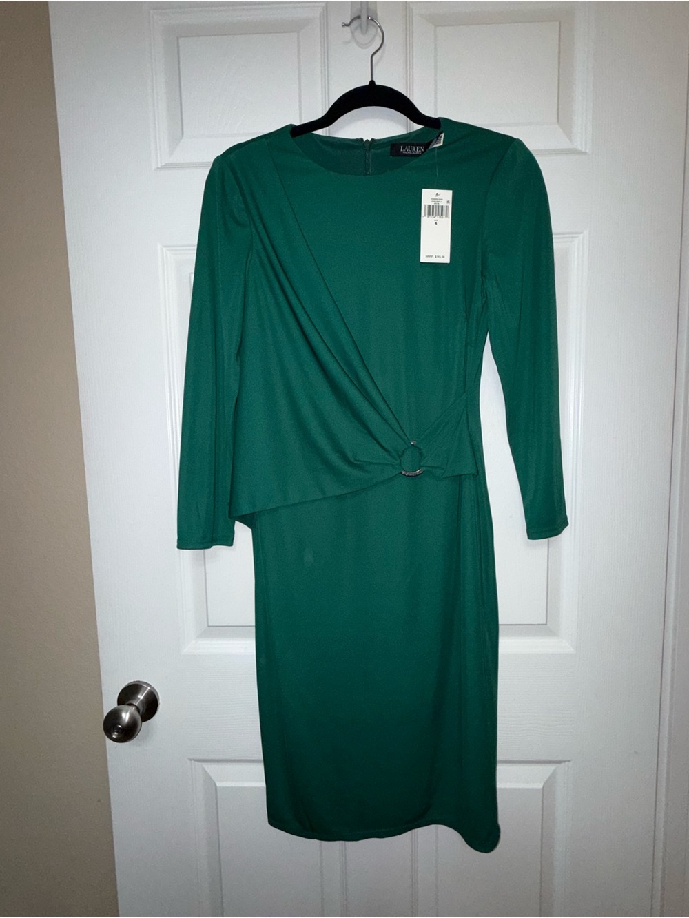 Ralph Lauren Emerald Green Long-Sleeve Faux-Wrap Sheath Dress